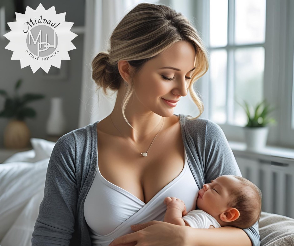 Mother breastfeeding newborn in a calm hospital setting at Midvaal Hospital
