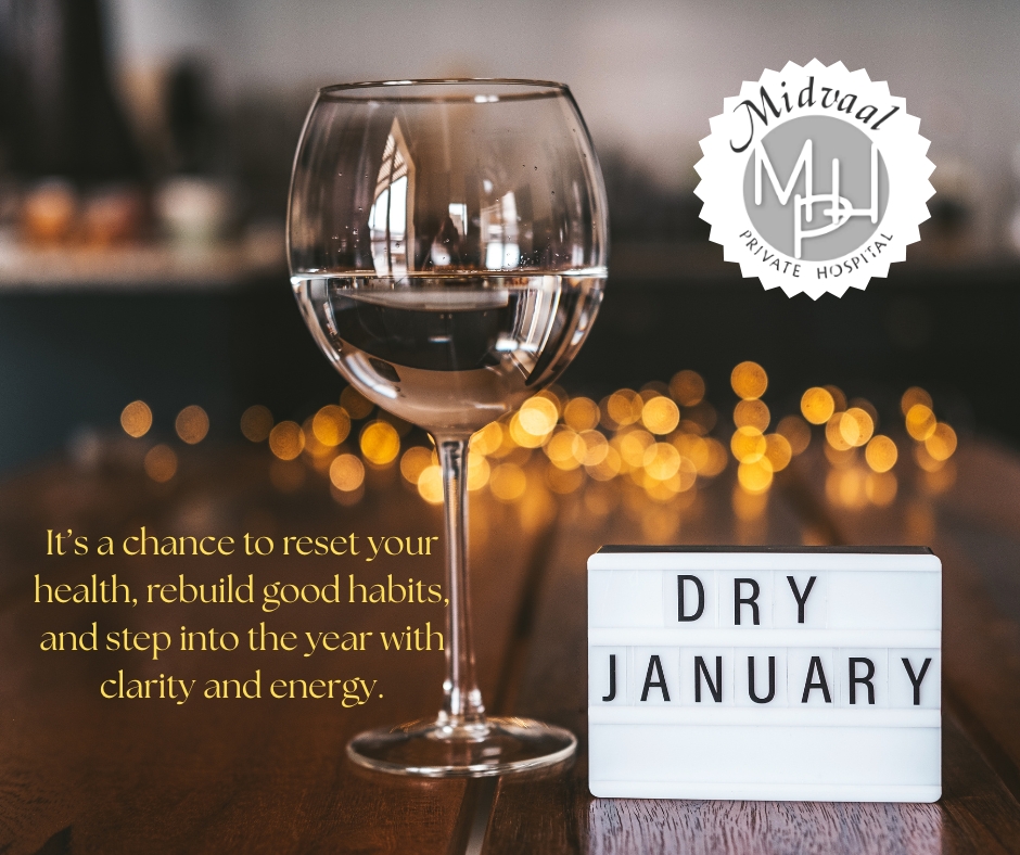 Smiling adult choosing water instead of wine as part of Dry January, promoting better health with Midvaal Private Hospital