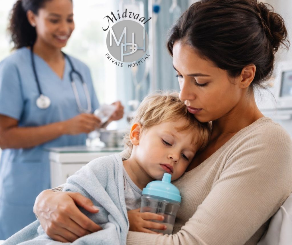 Parent comforting tired child with water bottle in a hospital waiting room