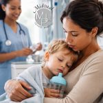 Parent comforting tired child with water bottle in a hospital waiting room