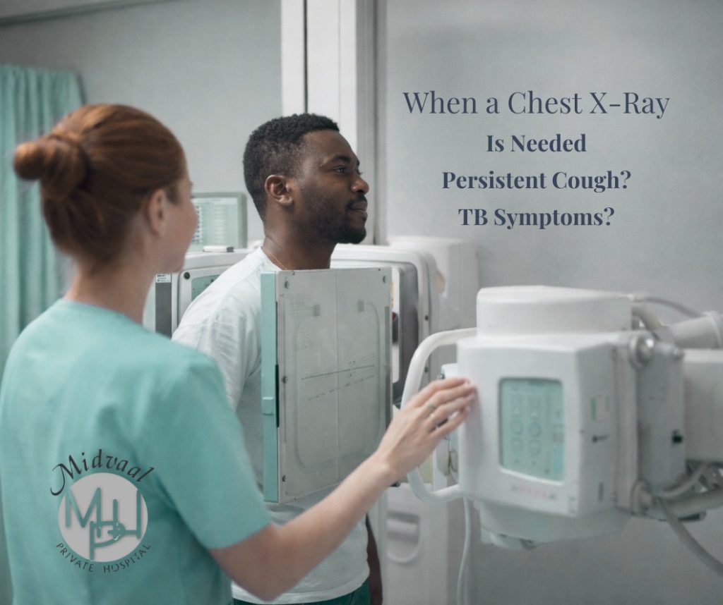 Radiographer preparing a patient for a chest X-ray to investigate persistent cough and possible TB symptoms