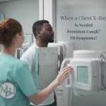 Radiographer preparing a patient for a chest X-ray to investigate persistent cough and possible TB symptoms