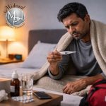 Man sitting on a bed under a blanket checking a digital thermometer, medicine and water on bedside table, wide-angle.