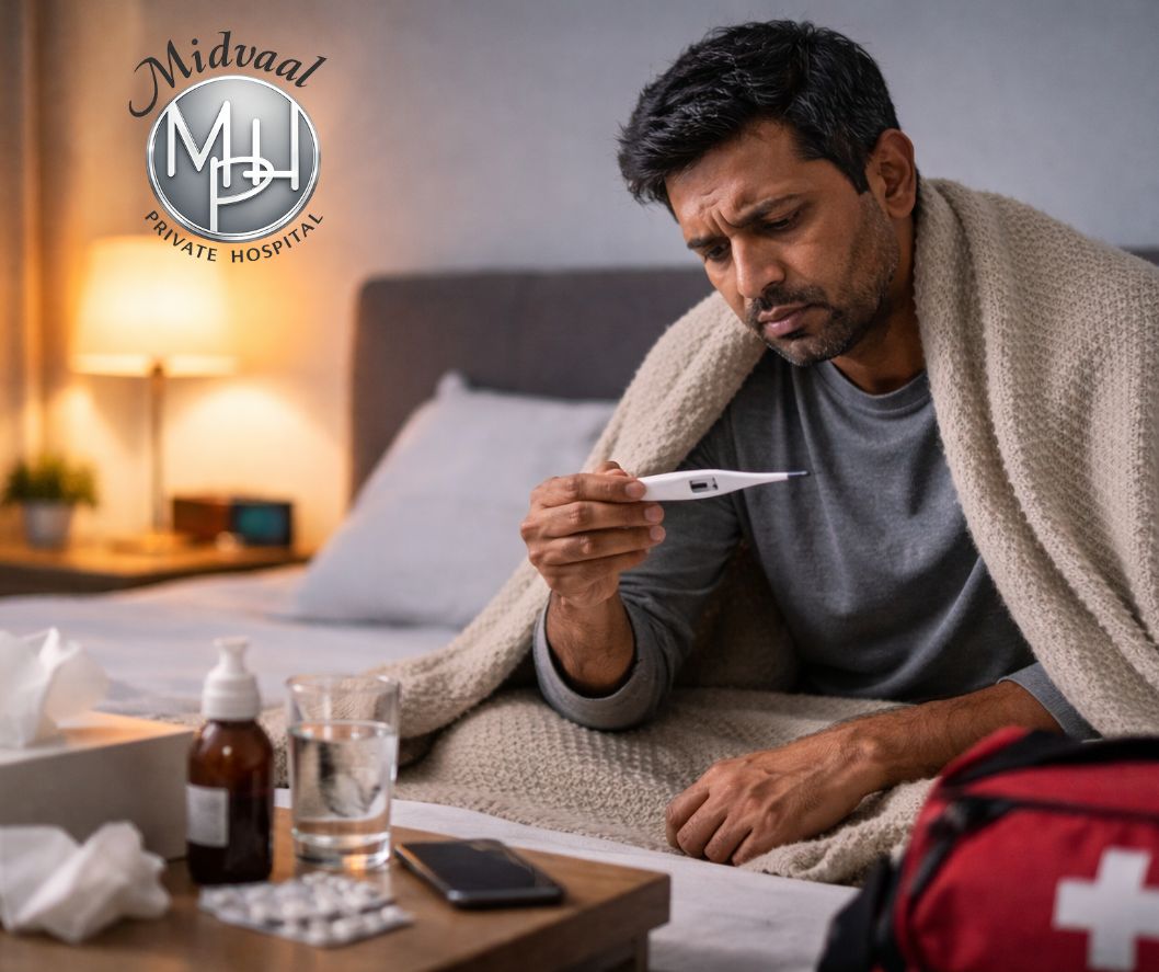 Man sitting on a bed under a blanket checking a digital thermometer, medicine and water on bedside table, wide-angle.