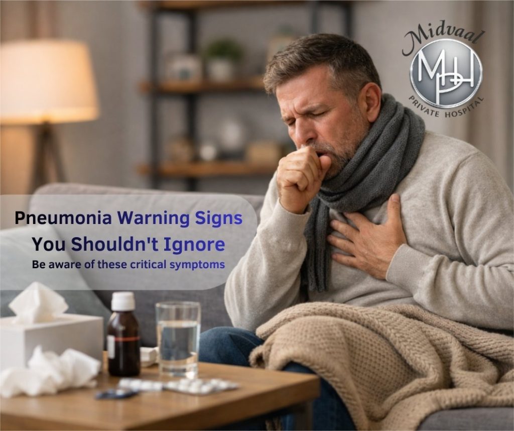 Man coughing and clutching chest on sofa with tissues and medicine; pneumonia warning signs graphic with Midvaal Private Hospital logo.