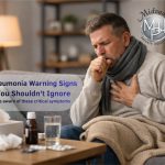 Man coughing and clutching chest on sofa with tissues and medicine; pneumonia warning signs graphic with Midvaal Private Hospital logo.